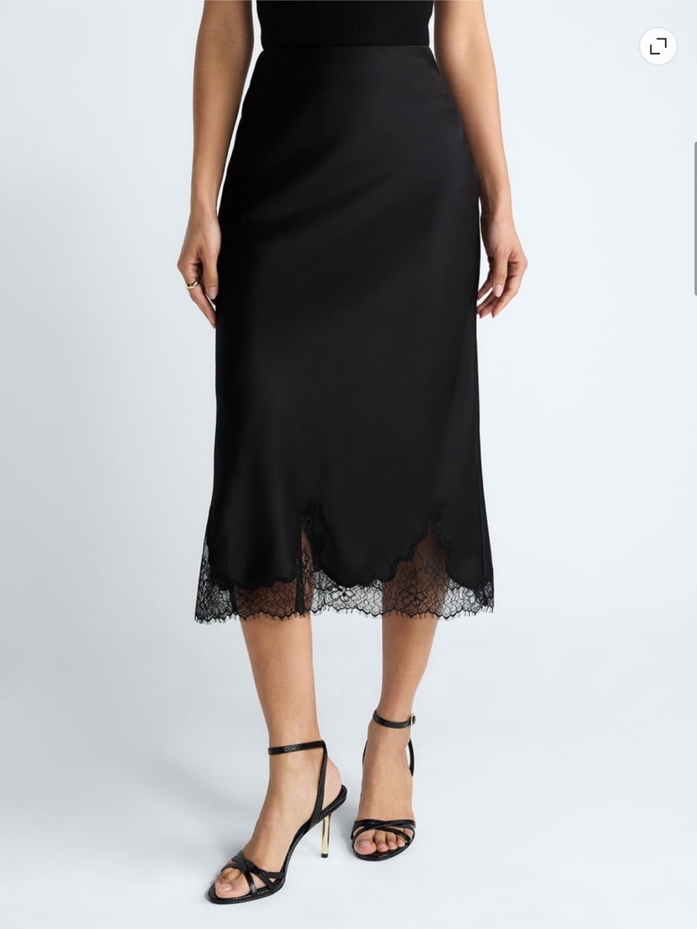 Satin Black Midi Slip Skirt with Lace Hem